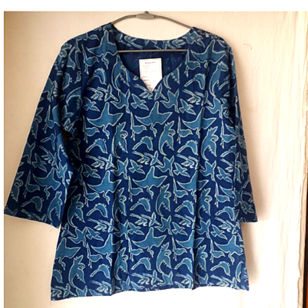 Blue Cotton Dabu Printed Top